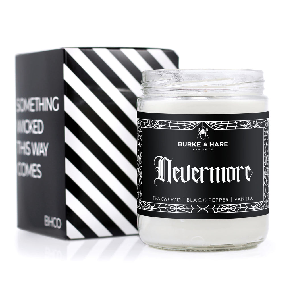 Nevermore scented candle. Poe candle for book lovers, black label with spiderweb border that says Nevermore in gothic font. 