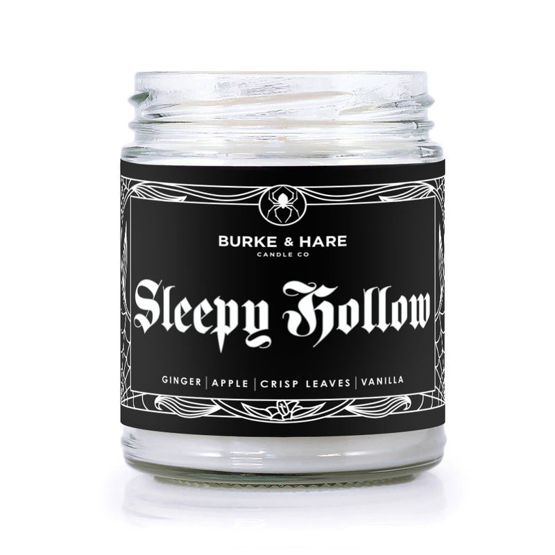 sleepy hollow Halloween scented candle with black label and white text
