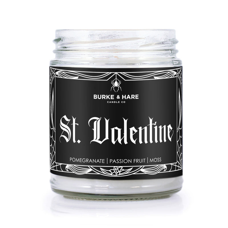 Gothic Valentine's Day Candle with black Label and white text that reads 