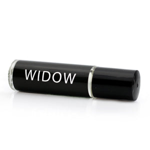 Handmade goth perfume oil in a roll on vial with a black label and white text that says Widow
