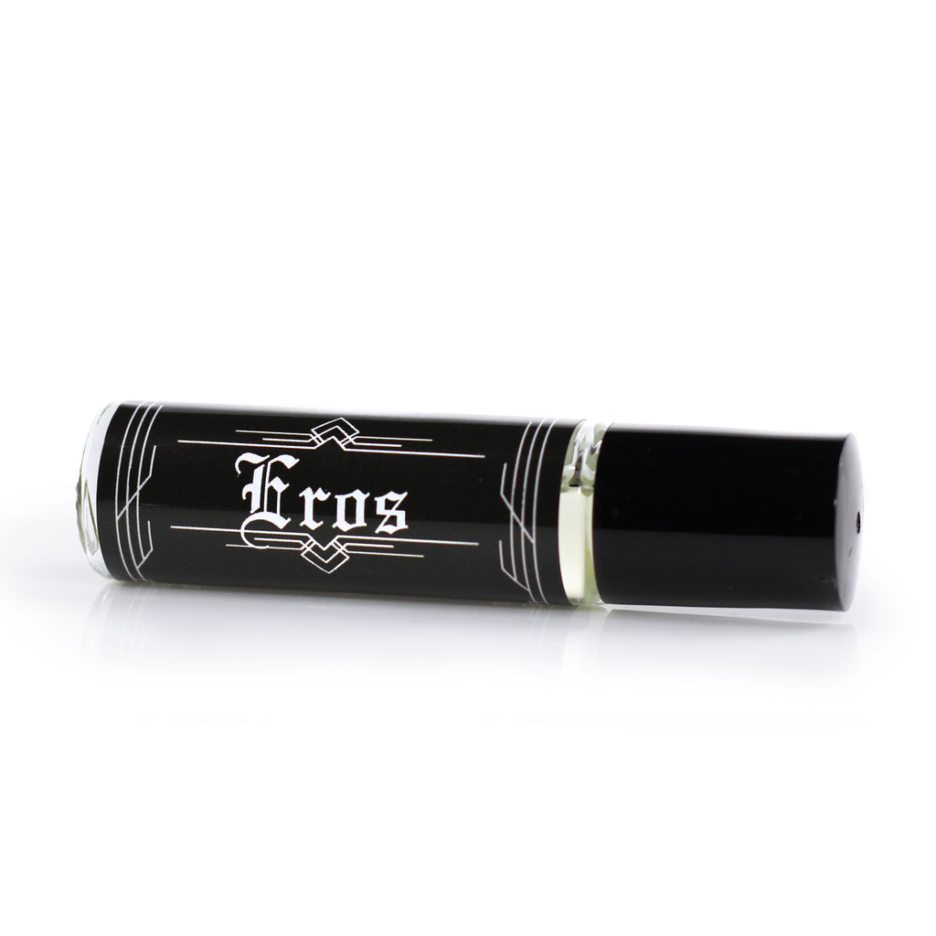 chocolate scented perfume oil with a black label and white text that reads "eros" for valentine's day