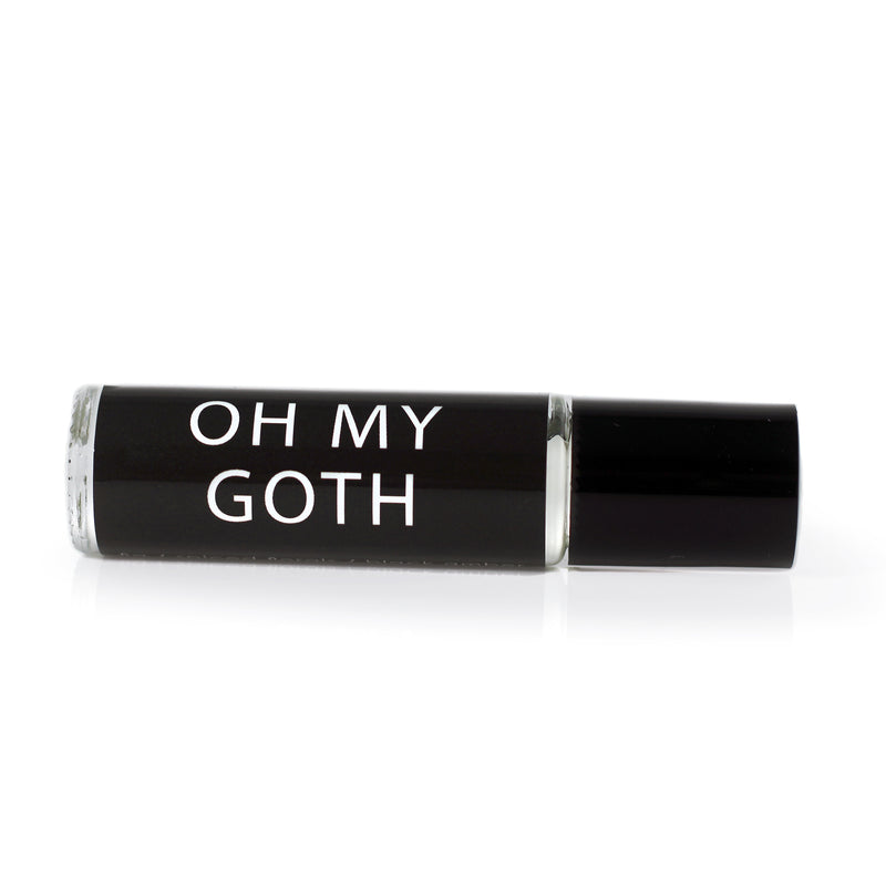 Oh My Goth perfume oil with black label and white text. 